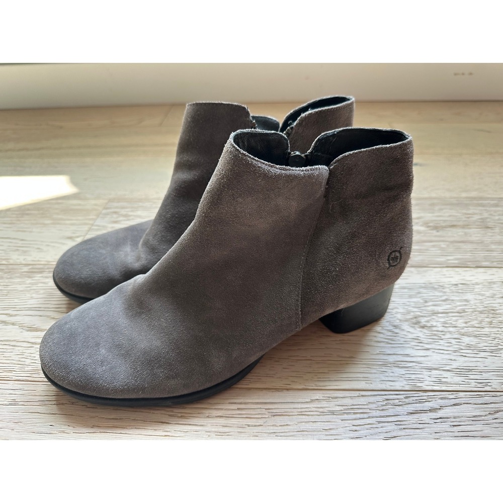 Born Grey Suede Ankle Boots Side Zip Low Block Heel Booties Women Size 8.5